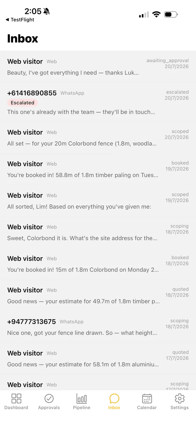 ByTheMetre app — Inbox
