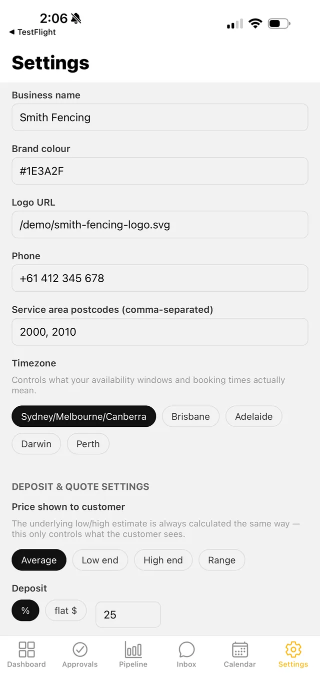 ByTheMetre app — Settings
